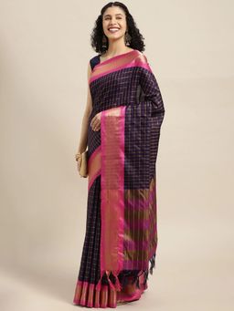 Vastranand - Navy Blue and Pink Woven Zari Pure Silk Gadwal Saree with Unstitched Blouse