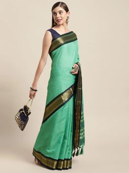 Vastranand - Sea Green and Navy Blue Woven Zari Pure Silk Gadwal Saree with Unstitched Blouse