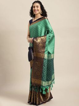 Vastranand - Teal Green Zari Silk Blend Banarasi Saree with Unstitched Blouse