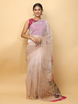 Vastranand - Soft Organza Trendy Print Party Cream Saree with Unstitched Blouse