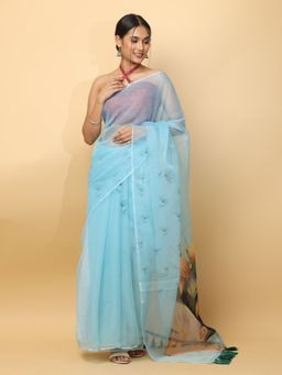 Vastranand - Soft Organza Trendy Print Party Blue Saree with Unstitched Blouse
