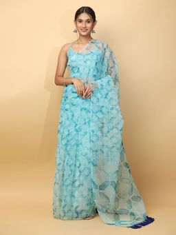 Vastranand - Soft Organza Trendy Print Party Blue Saree with Unstitched Blouse