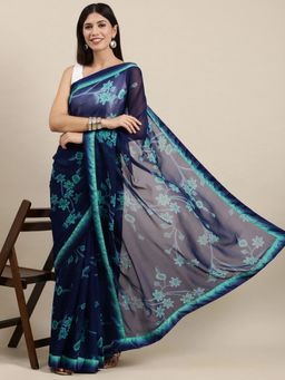 Vastranand - Navy Blue Floral Print Saree with Unstitched Blouse