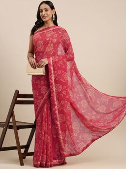 Vastranand - Red Floral Print Saree with Unstitched Blouse