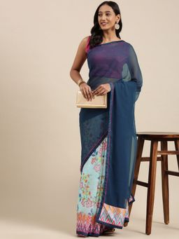 Vastranand - Navy Blue Floral Print Half and Half Saree with Unstitched Blouse