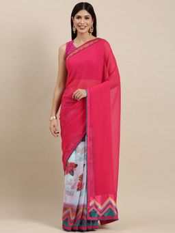 Vastranand - Pink Floral Print Half and Half Saree with Unstitched Blouse