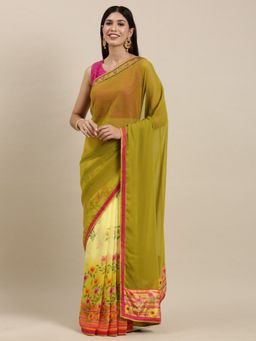 Vastranand - Green Floral Print Half and Half Saree with Unstitched Blouse
