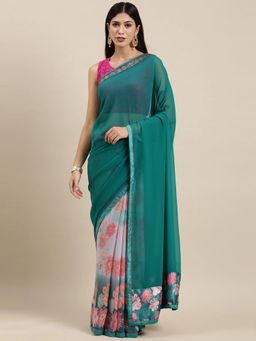 Vastranand - Teal Green and Pink Floral Print Half and Half Saree with Unstitched Blouse
