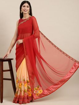 Vastranand - Red Floral Printed Half and Half Saree with Unstitched Blouse