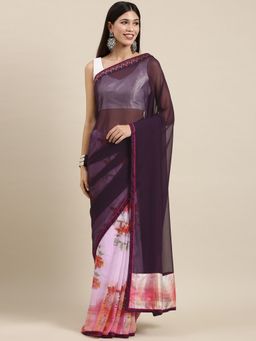 Vastranand - Purple Floral Print Half and Half Saree with Unstitched Blouse