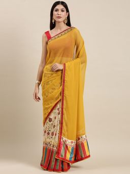 Vastranand - Off White Floral Print Half and Half Saree with Unstitched Blouse