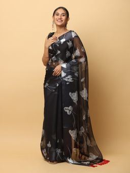 Vastranand - Soft Organza Trendy Print Party Black Saree with Unstitched Blouse