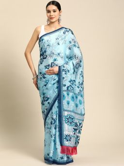 Vastranand - White And Porcelain Blue Coloured Floral Kalamkari Art Print Saree with Unstitched Blouse