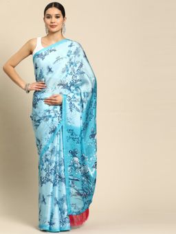 Vastranand - Blue Coloured Abstract Kalamkari Art Print Saree with Unstitched Blouse
