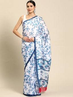 Vastranand - Porcelain White Coloured Abstract Kalamkari Art Print Saree with Unstitched Blouse