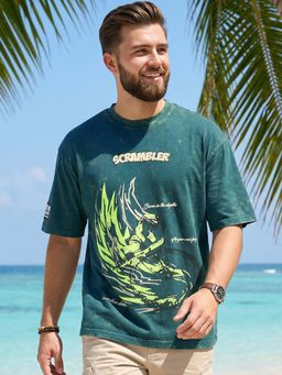 Bewakoof - Dark Sea Green Scrambler Graphic Printed Oversized Acid Wash T-Shirt