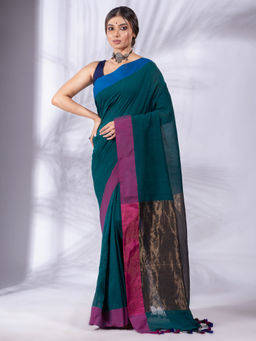 CHARUKRITI - Teal Pure Cotton Woven Design Soft Saree & Zari Pallu with Unstitched Blouse
