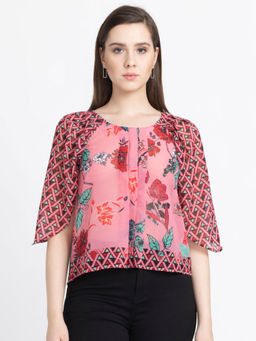 SHAYE - Round Neck Pink Printed Three-Quarter Sleeves Casual Tops for Women