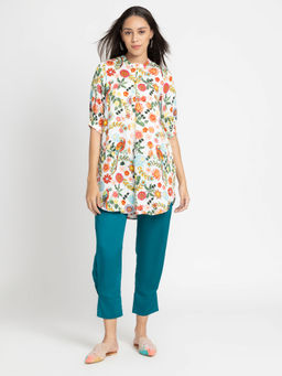 SHAYE - Band Collar White Printed Fusion Kurta for Women (Set of 2)