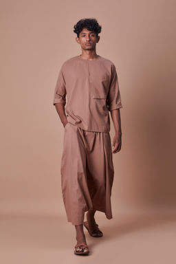 Mati - Mens Brown Cross Pocket Top & Harem Pants (Set of 2)