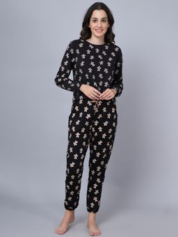 Kanvin - Women Black Cream-Coloured Printed Winter Wear Night Suit