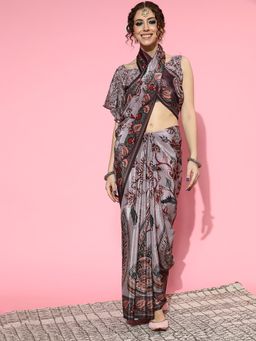 Akhilam - Women's Crepe Grey Digital Print Celebrity Saree with Unstitched Blouse