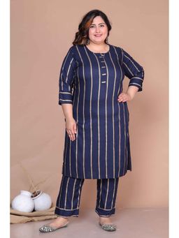 Doriyaan - Womens Navy Blue Golden Striped Mokshi Pakistani Kurta with Pant (Set of 2)