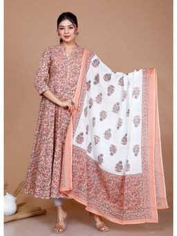 Doriyaan - Womens Orange Floral Printed Festive Wear Anarkali Kurta and Dupatta (Set of 2)