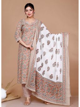 Doriyaan - Womens Brown Floral Print Cotton Kurta with Palazzo and Dupatta (Set of 3)