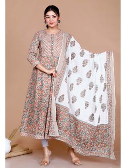 Doriyaan - Womens Brown Gota Work and Floral Cotton Anarkali Kurta and Dupatta (Set of 2)