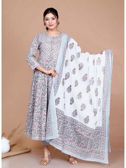 Doriyaan - Womens Blue Gota Work Anarkali Kurta and Floral Dupatta (Set of 2)