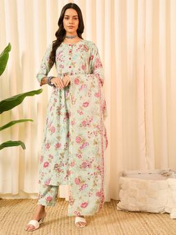 Meeranshi - Sea Green Floral Pinted Kurta Trousers with Dupatta (Set of 3)