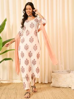 Meeranshi - White Ethnic Print Kurta Trousers with Dupatta (Set of 3)