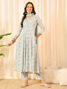 Meeranshi - Sky Blue Floral Printed Kurta Trousers with Dupatta (Set of 3)