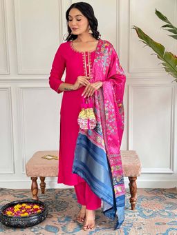 BLACK SCISSOR - Pink Viscose Embroidered Sequined Kurta with Bottom and Dupatta (Set of 3)