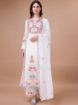 BLACK SCISSOR - White Georgette Floral Embroidered Kurta with Bottom and Dupatta (Set of 3)