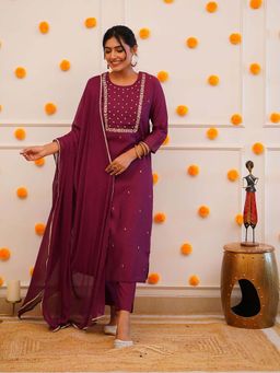 BLACK SCISSOR - Wine Rayon Floral Kurta with Bottom and Dupatta (Set of 3)