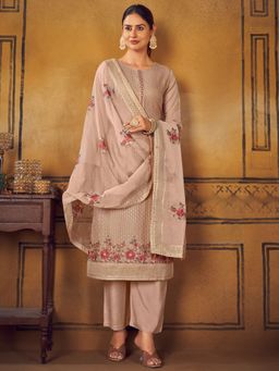 Stylee LIFESTYLE - Beige Viscose Embroidered Dress Material (Set of 3)
