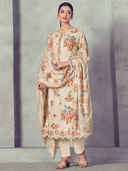 Stylee LIFESTYLE - Beige Cotton Embroidered Dress Material (Set of 3)