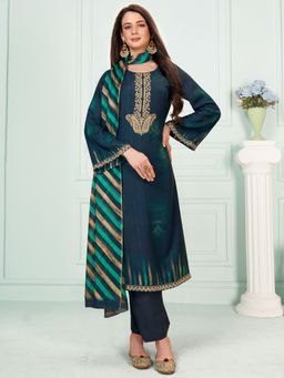 Stylee LIFESTYLE - Teal Viscose Embroidered Dress Material (Set of 3)