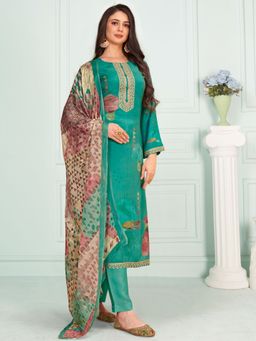 Stylee LIFESTYLE - Turquoise Viscose Embroidered Dress Material (Set of 3)
