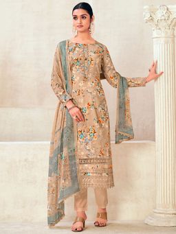 Stylee LIFESTYLE - Beige Cotton Embroidered Dress Material (Set of 3)