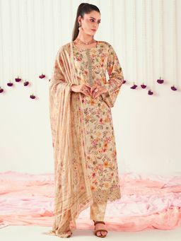 Stylee LIFESTYLE - Beige Cotton Embroidered Dress Material (Set of 3)