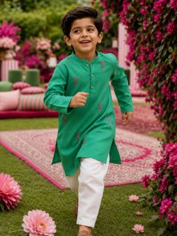 Somersault - Embroidered Green Cotton Kurta with Pyjama