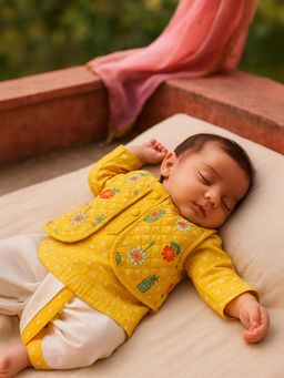 Somersault - Yellow Quilted Kurta and Dhoti with Nehru Jacket