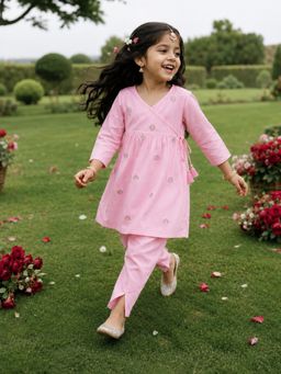 Somersault - Girls Cotton Tassel Twirl Angrakha and Petal Pant Set - Pink