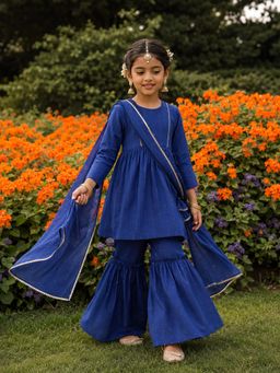 Somersault - Girls Cotton Sequin Ethnic Kurta and Sharara with Dupatta - Blue