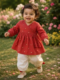 Somersault - Cotton Quilted Embroidered Angrakha Kurta Pant Set For Baby Girls