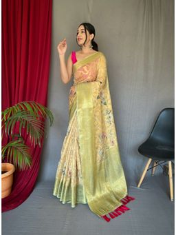 EXCLUSIVA - Multicolor Printed Organza Saree with Unstitched Blouse