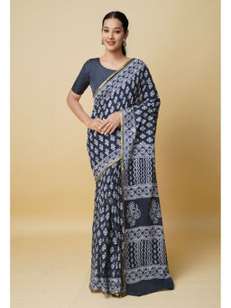 Unnati Silks - Black Hand Block Printed Superfine Cotton Saree with Unstitched Blouse